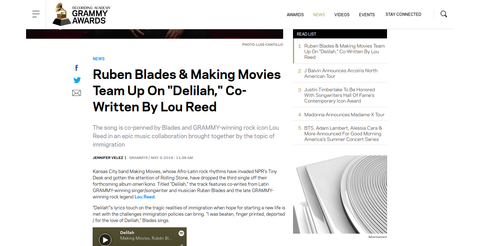 Ruben Blades & Making Movies Team Up On "Delilah," Co-Written By Lou Reed